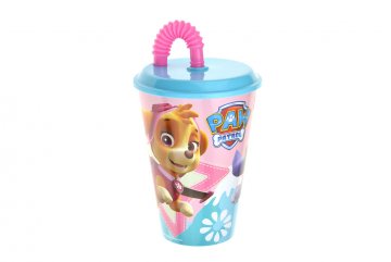 Plastový kelímek s brčkem a víčkem 430ml - Paw Patrol, růžový