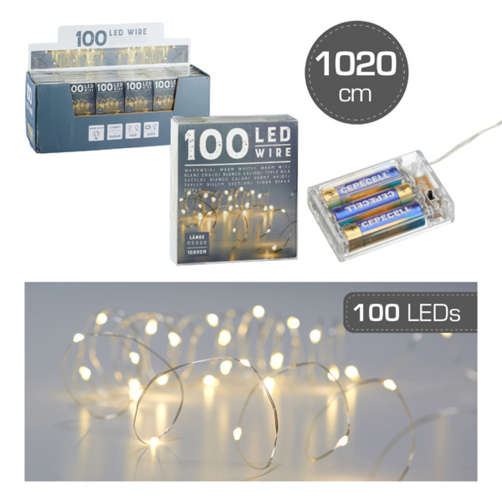 CPW Světelný řetěz micro, 100 LED, 1020cm, 3xAA, teplá bílá