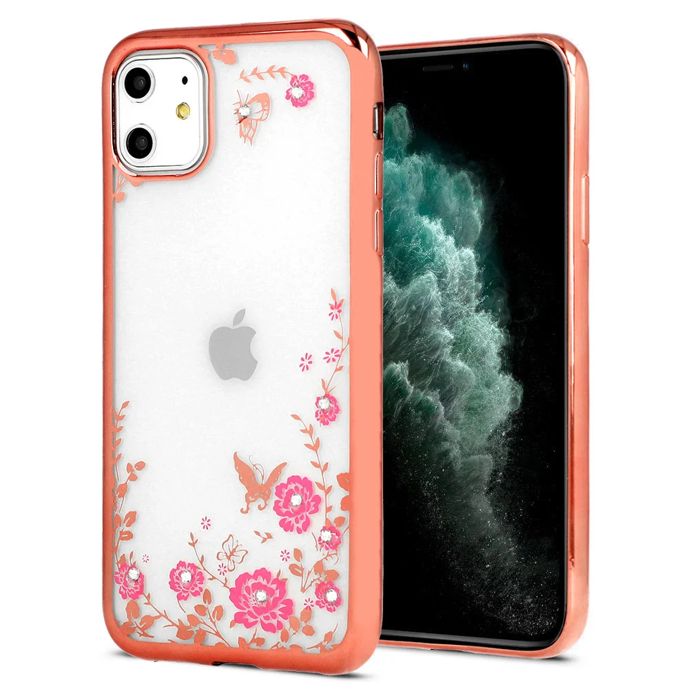 Pouzdro 1Mcz Diamond Flower TPU Apple iPhone 12, iPhone 12 Pro - růžově zlatá